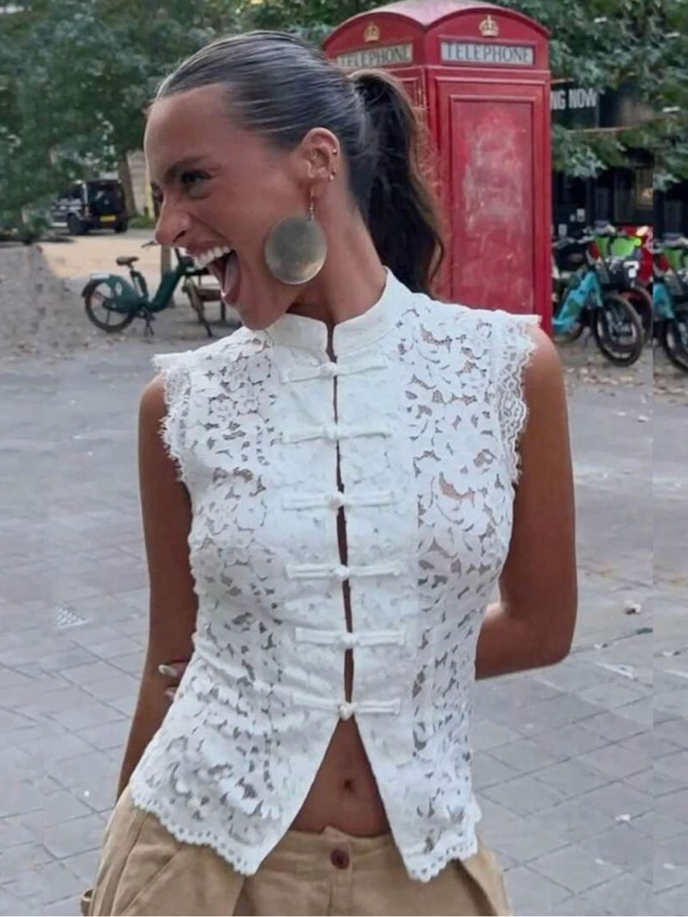 lace floral mandarin collar split tank